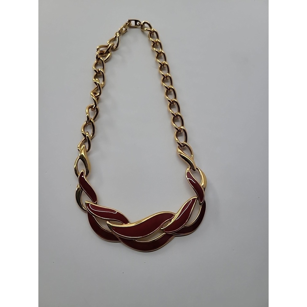 Vintage Napier Gold Tone Red Enamel Chunky Link Statement Necklace Jewelry - Picture 7 of 15